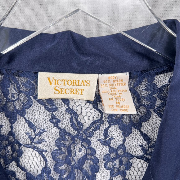 VINTAGE VICTORIAS SECRET Gold Label Lace Top Women Medium Navy Blue Short Sleeve - Picture 8 of 12